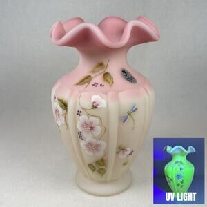 Fenton Glass Burmese Arabella Hand Painted Floral Dragonfly 6.5" Ruffle Vase